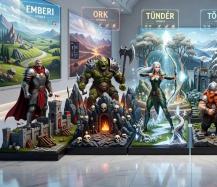 War Legends frakciók panorámaképe különböző bázisokkal és seregekkel