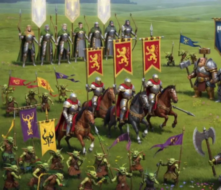 Különböző fantasy seregek felállva csatára készülve egy misztikus tájon