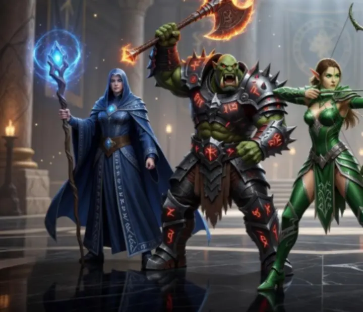 Fantasy hősök csoportja különböző fegyverekkel és mágikus hatásokkal