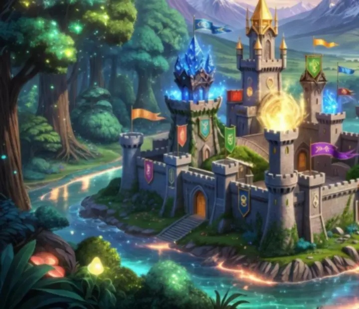 Színes fantasy táj és erődített bázis War Legends hangulatban