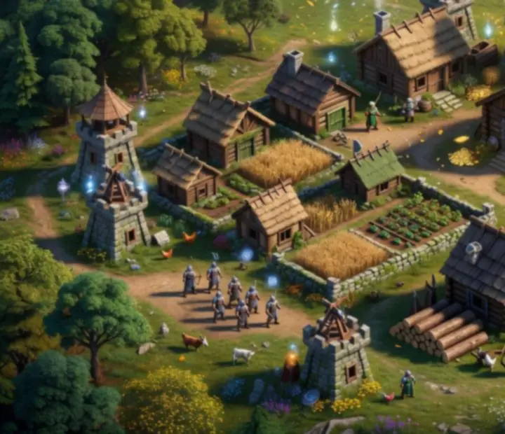 War Legends bázis több épülettel, erődítésekkel és erőforrás-gyűjtő struktúrákkal
