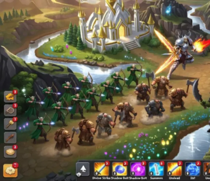 War Legends játékképernyő bázissal és seregekkel egy fantasy térképen